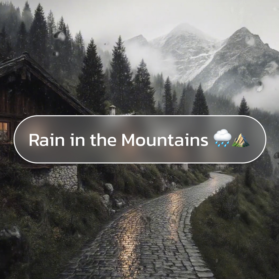 Mountain landscape with steady rain, fog, and forest surroundings creating a peaceful mountain rain ambience.