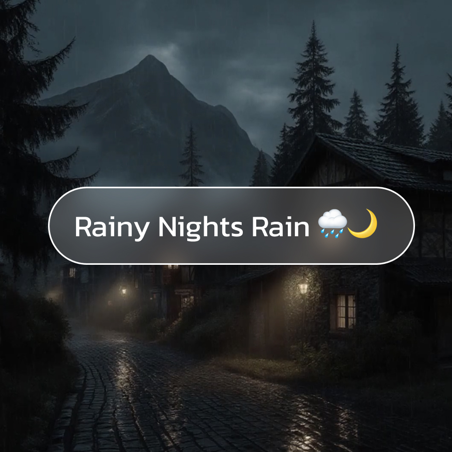 Quiet mountain village at night with warm lights and gentle rain creating a cozy rainy night atmosphere.